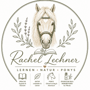 Circular logo with a detailed horse head framed by green laurel branches, an open book beneath, and 'Rachel Lechner' in cursive, plus 'LERNEN &bull; NATUR &bull; PONYS' and four icons depicting language learning, nature, ponies, and horse care oils.