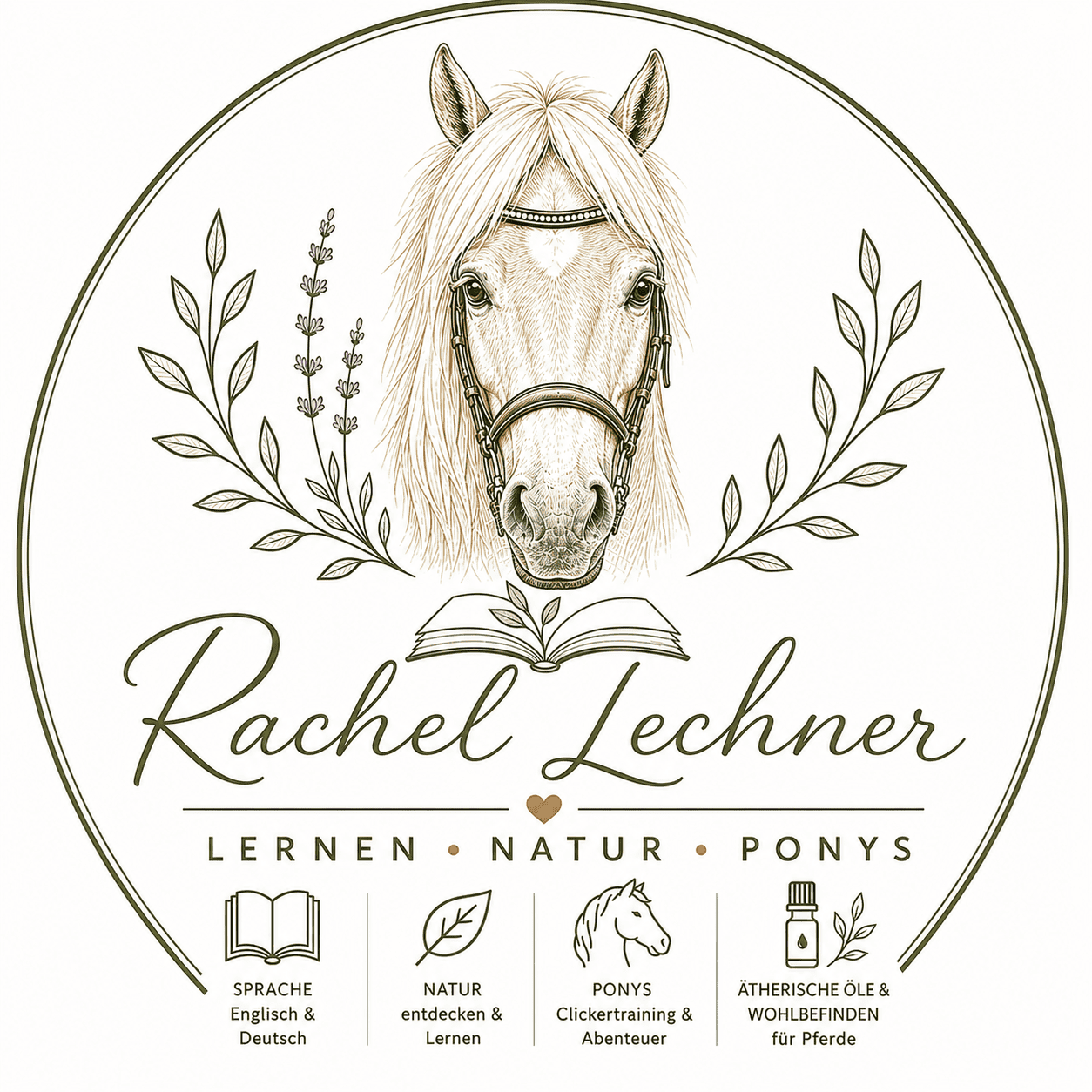 Circular logo with a detailed horse head framed by green laurel branches, an open book beneath, and 'Rachel Lechner' in cursive, plus 'LERNEN &bull; NATUR &bull; PONYS' and four icons depicting language learning, nature, ponies, and horse care oils.